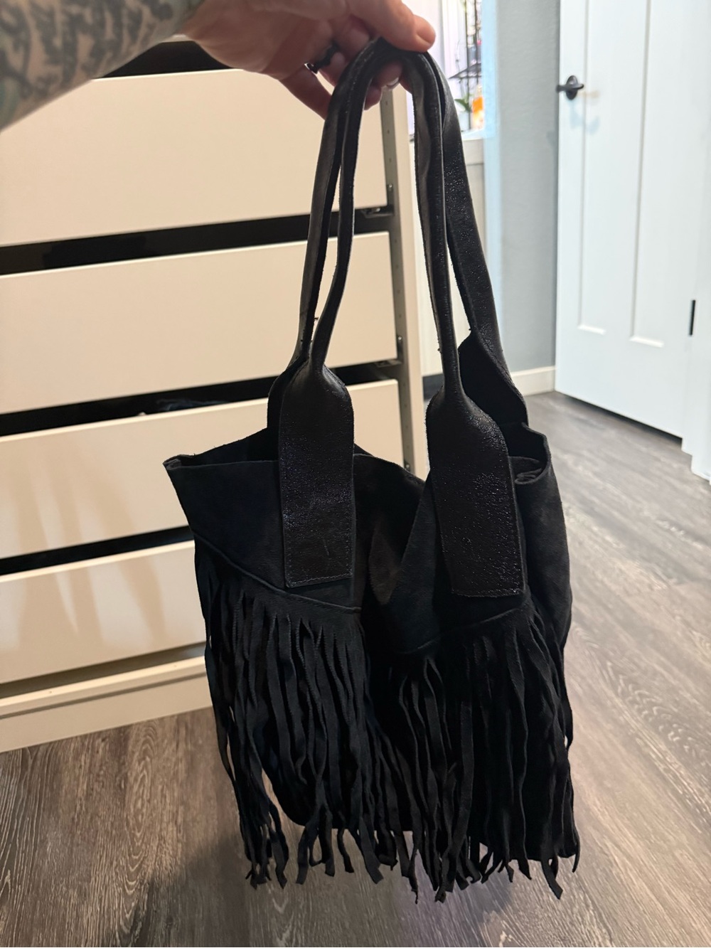 Black Fringe Shoulder Bag - real leather